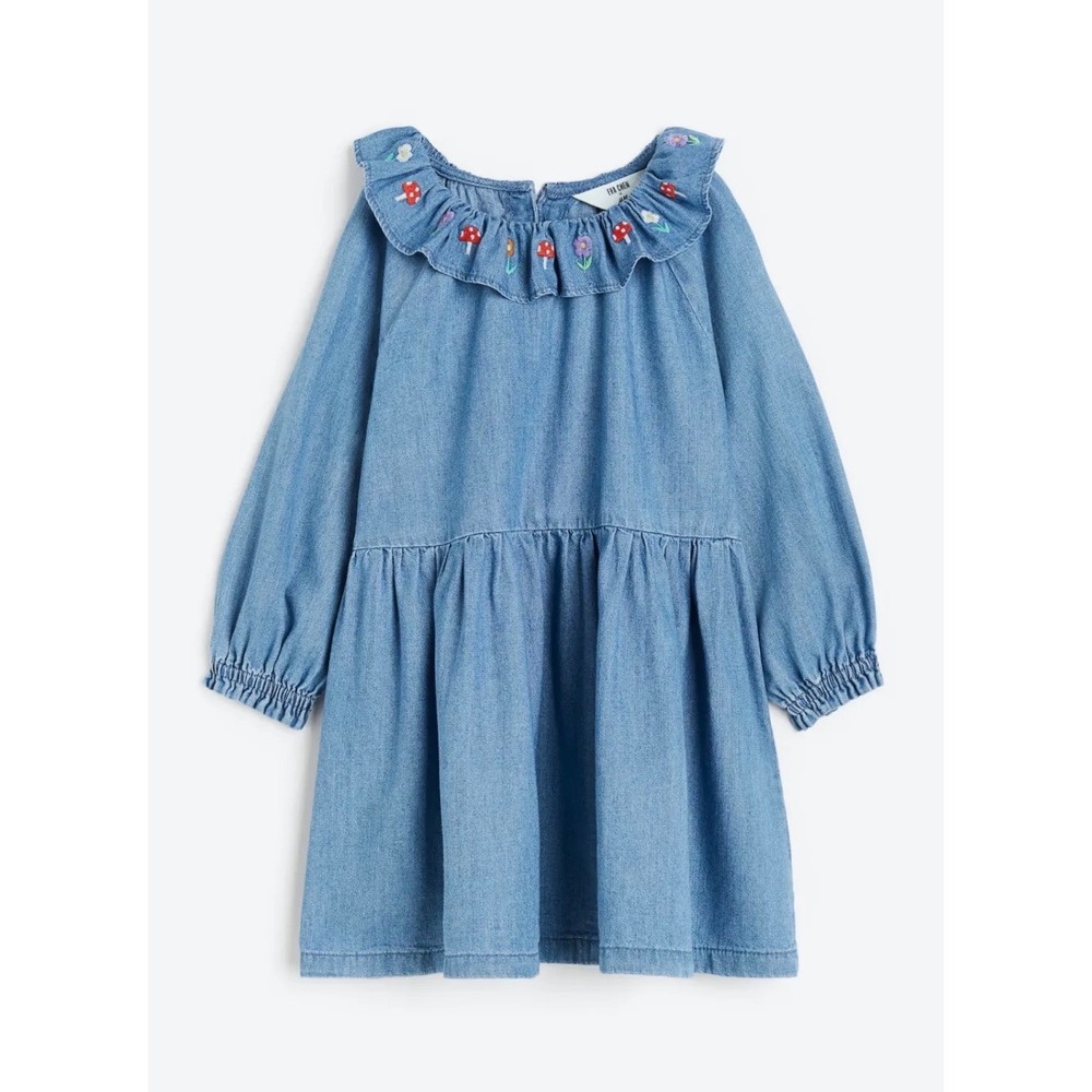 H&M x EVA CHEN sz 10 Embroidered Collared Ruffle Puff Sleeve Denim Dress Cottage